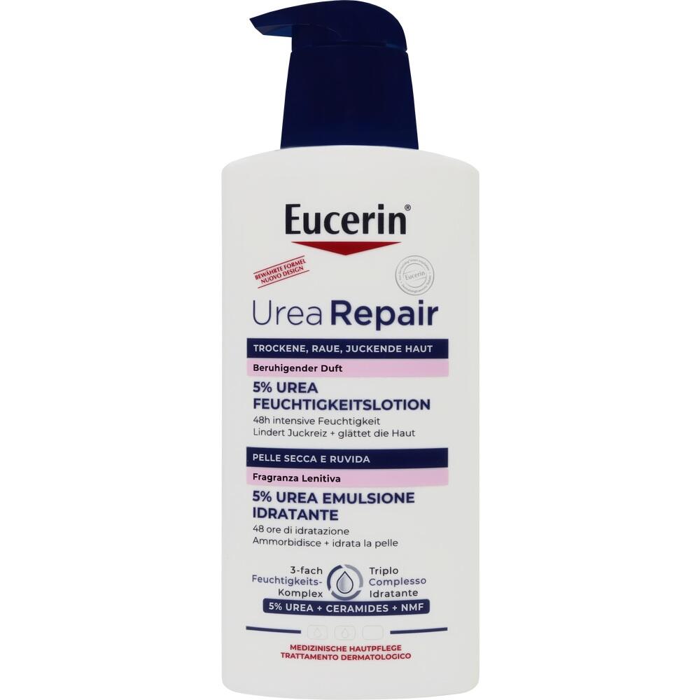 Eine Flasche Urea Feuchtigkeitslotion von Eucerin für trockene Haut.