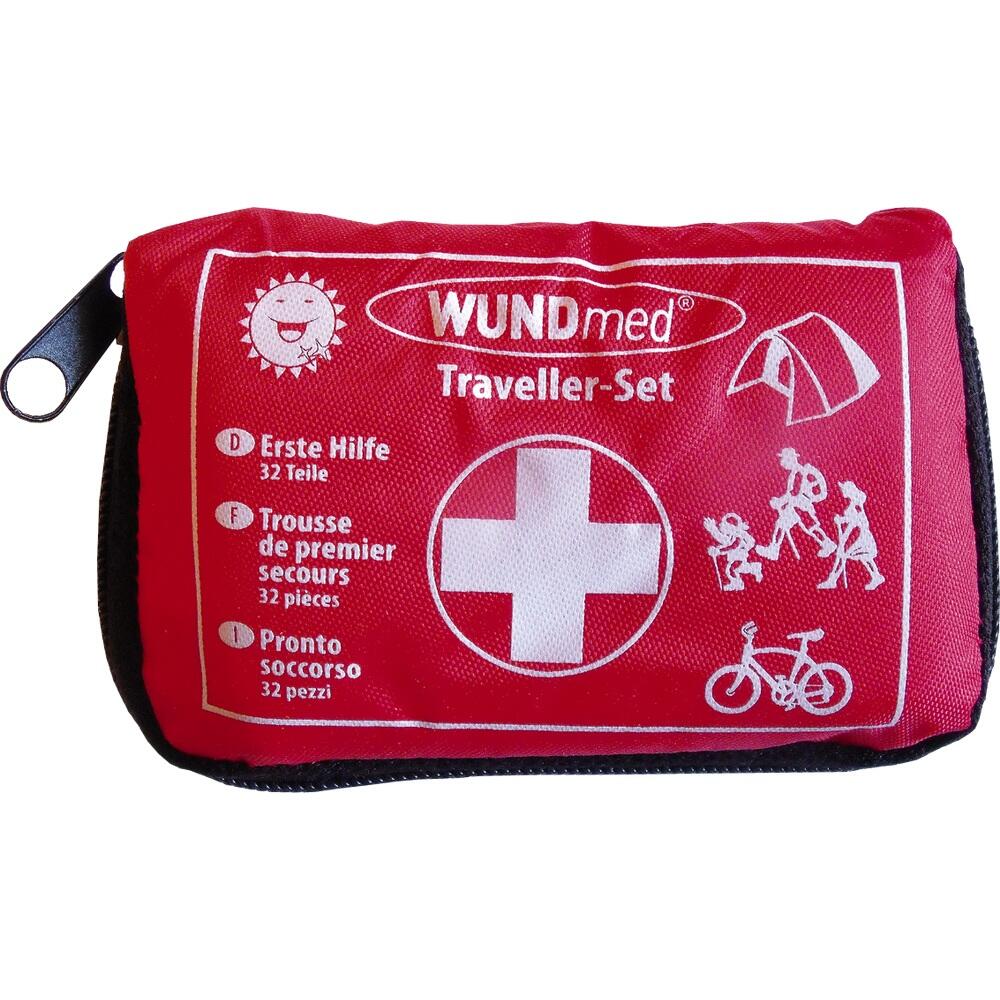 Rotes Erste-Hilfe-Set mit Kreuz und Symbolen f&uuml;r Reisen.