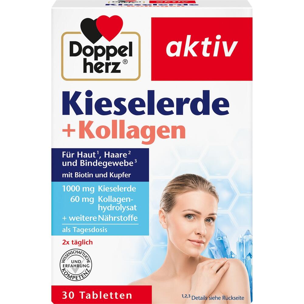 Verpackung von Nahrungsergänzungsmitteln mit Kieselerde und Kollagen für Haut und Haare.