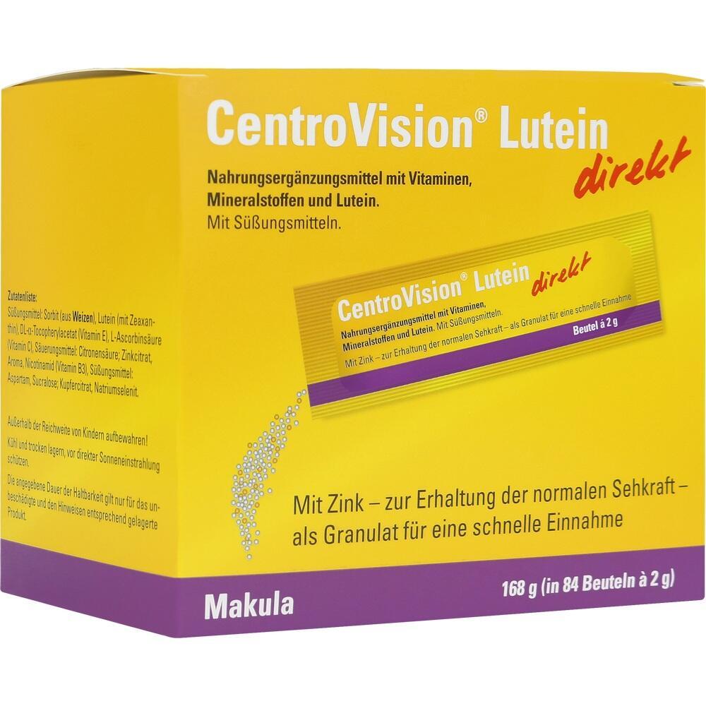 Gelbe Verpackung eines Nahrungsergänzungsmittels namens "CentroVision Lutein direkt".