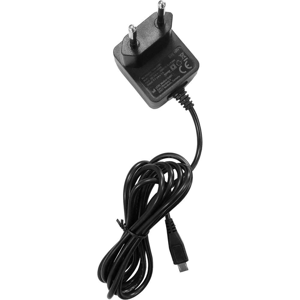 Ein schwarzes Ladeger&auml;t mit langem Kabel und zwei runden Steckern.