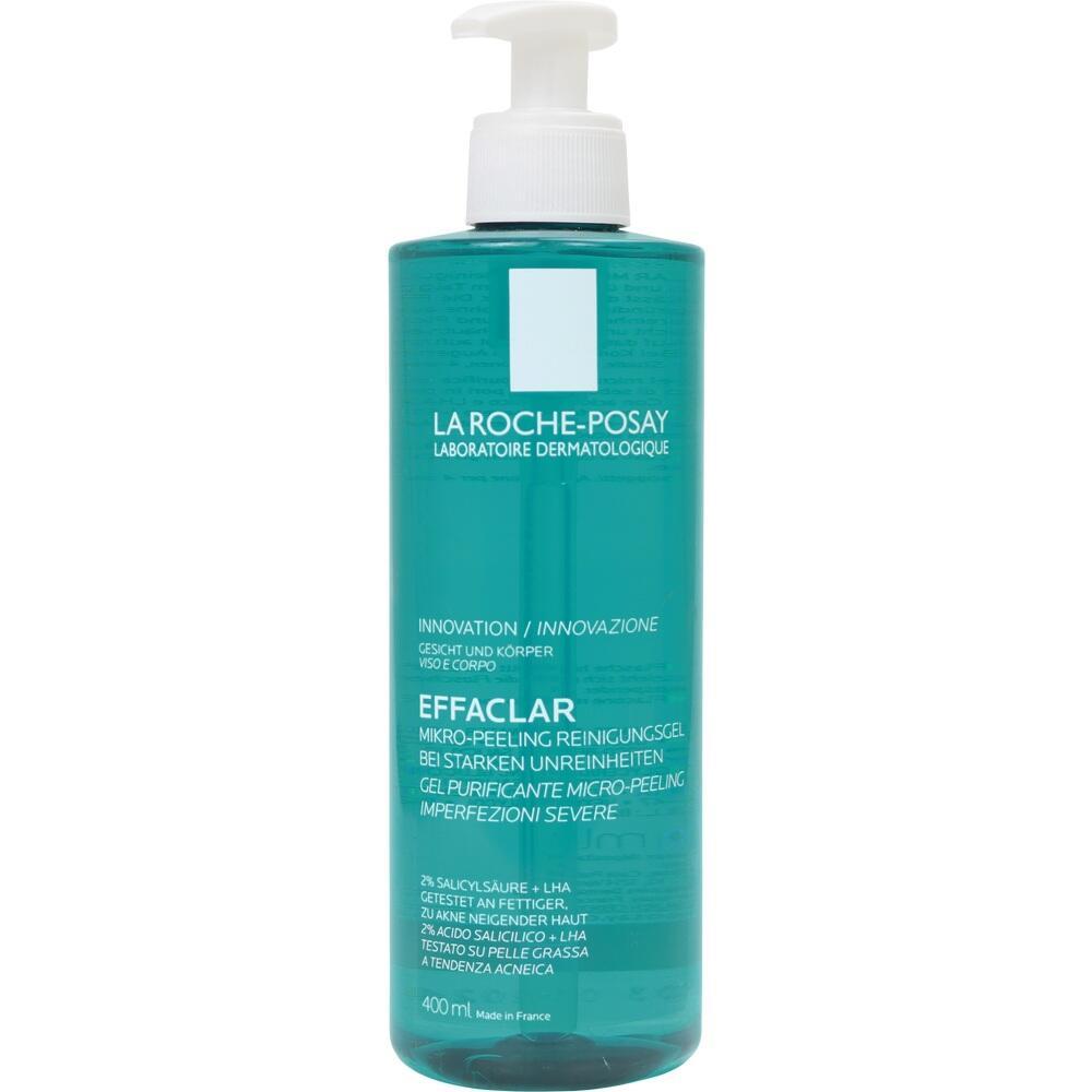 Eine grüne Flasche mit einem Reinigungs- und Peelinggel von La Roche-Posay.