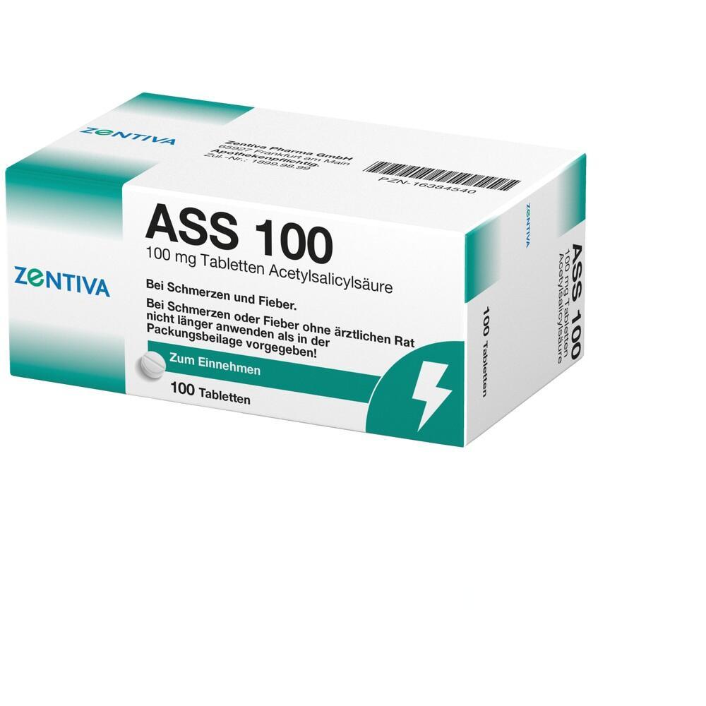 Verpackung von ASS 100 Tabletten gegen Schmerzen und Fieber.