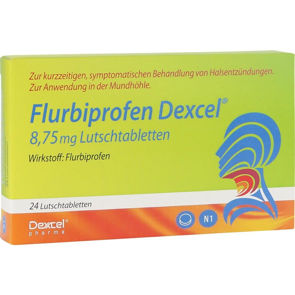 Gelbe Packung Flurbiprofen Lutschtabletten zur Behandlung von Halsschmerzen.
