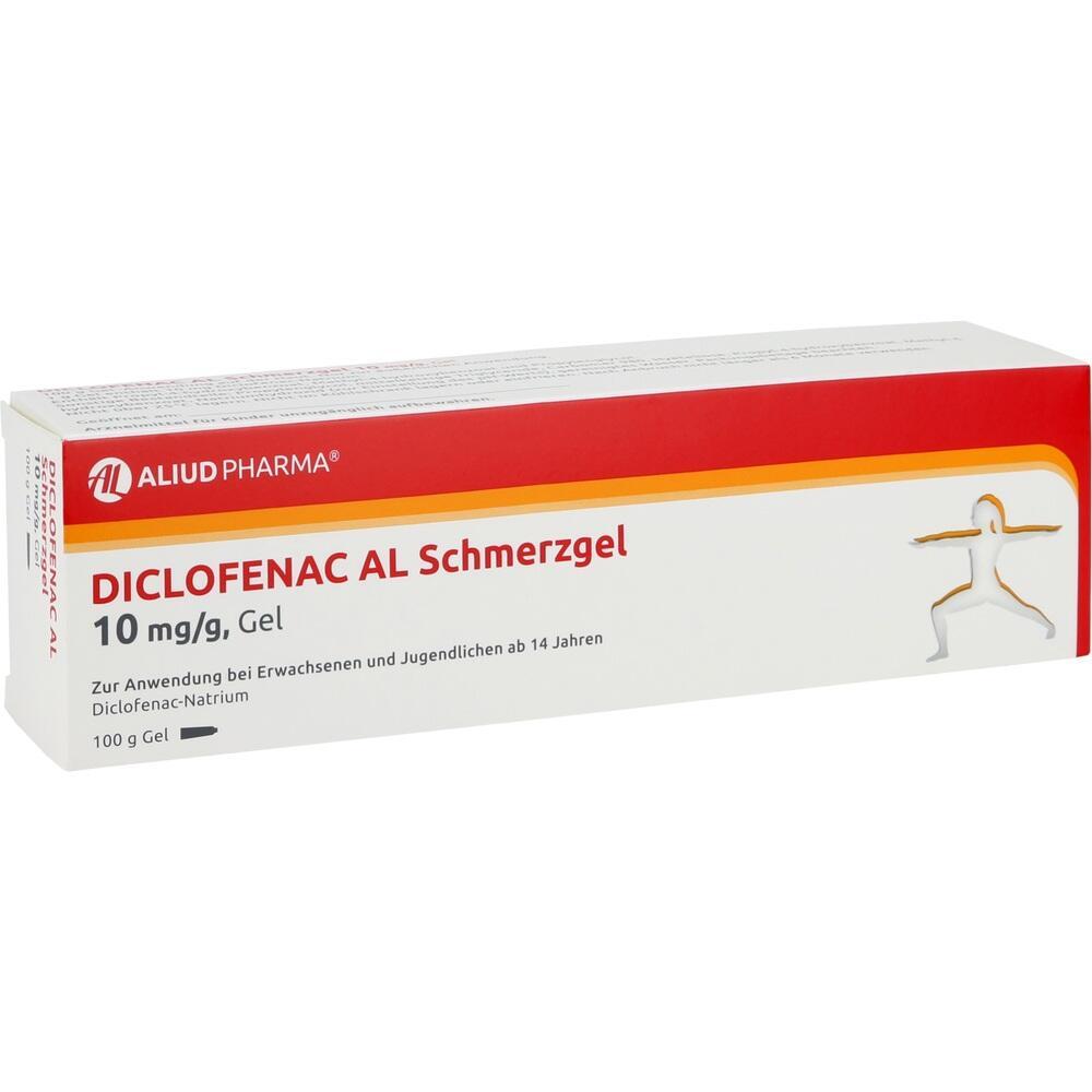 Eine wei&szlig;e Schachtel mit Diclofenac-Schmerzgel von Aliud Pharma.