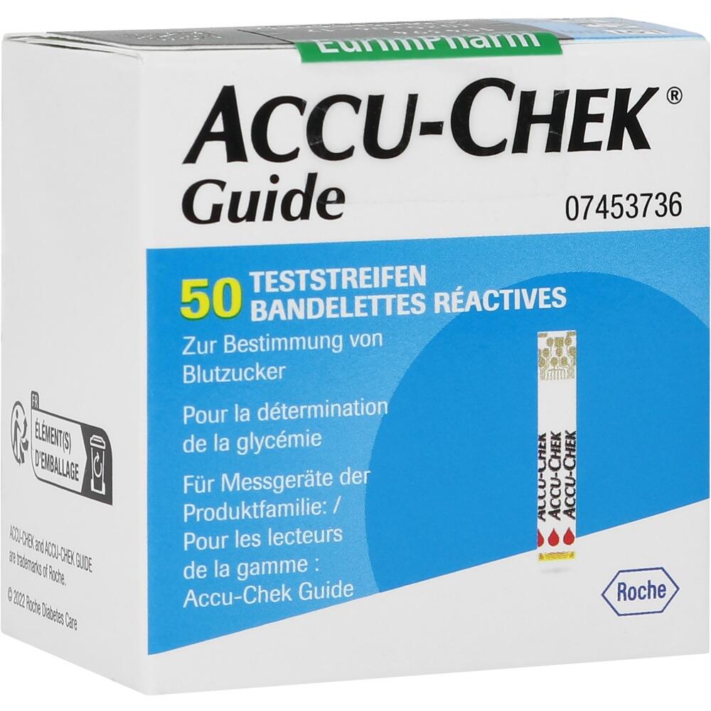 Verpackung von Blutzuckerteststreifen mit der Aufschrift "Accu-Chek Guide".