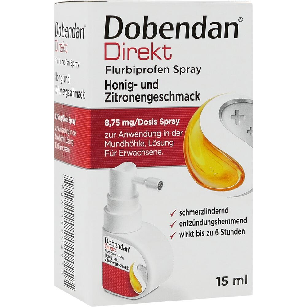 Eine Packung Dobendan Spray mit Honig-Zitronengeschmack für Erwachsene gegen Halsschmerzen.
