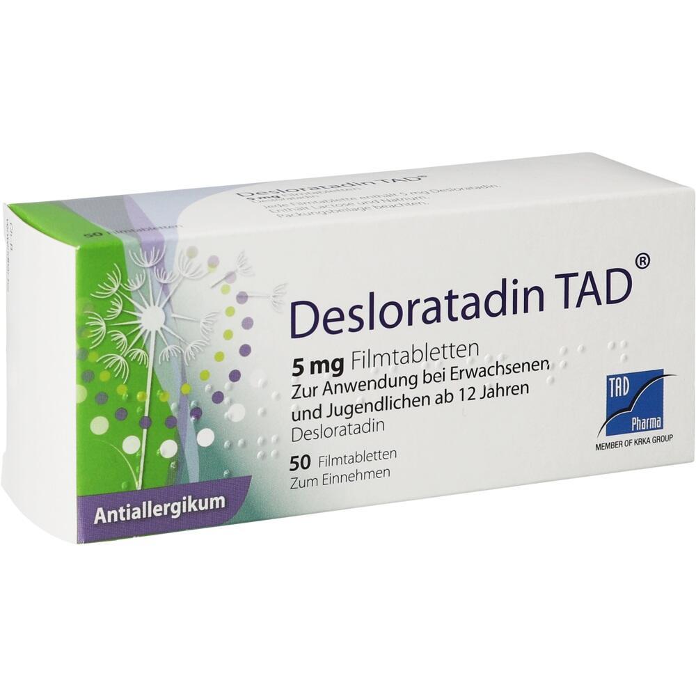 Eine Packung Desloratadin TAD 5 mg Filmtabletten gegen Allergien.