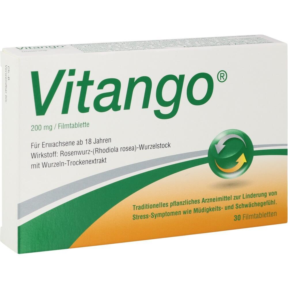Verpackung von Vitango-Filmtabletten zur Linderung von Stresssymptomen.