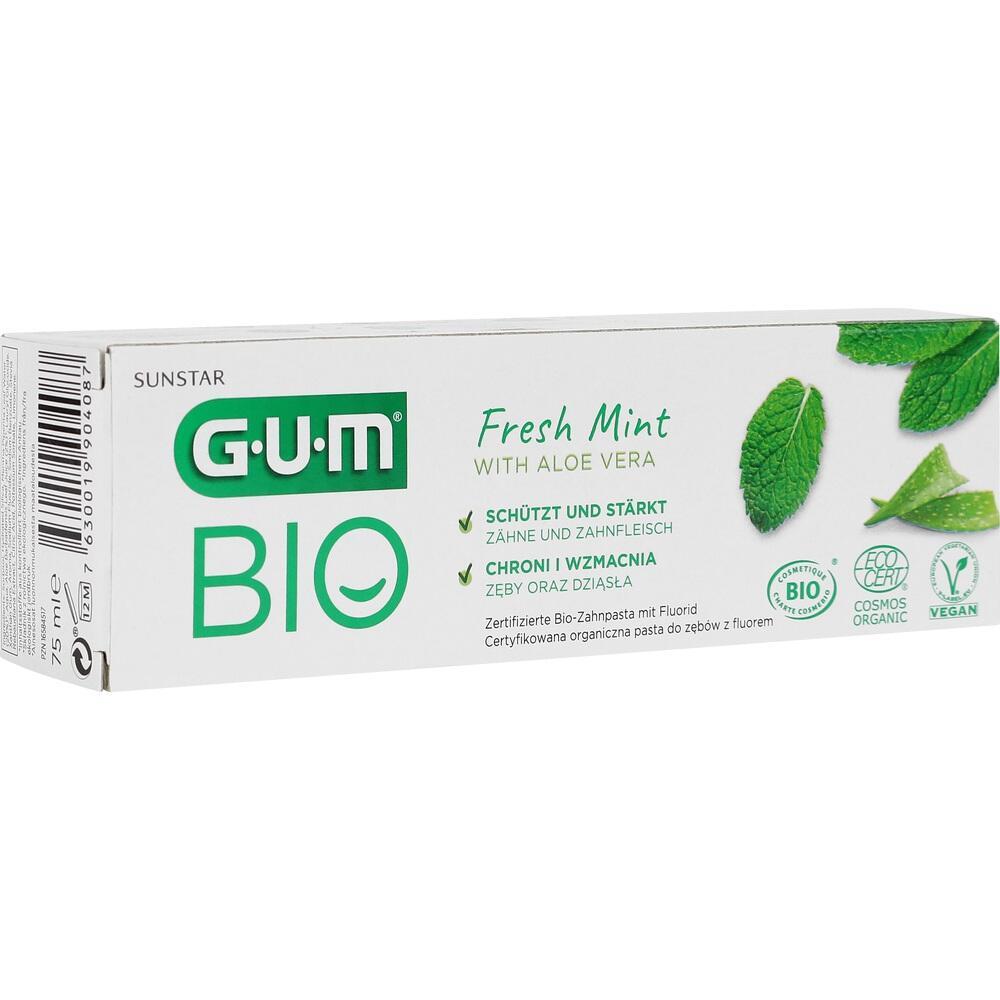 Auf der Zahnpastaverpackung steht "GUM BIO Fresh Mint mit Aloe Vera".