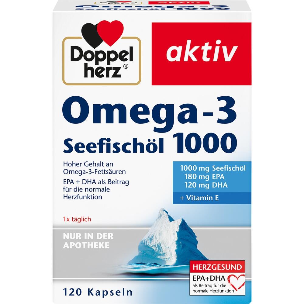 Verpackung von Omega-3-Seefischöl-Kapseln mit einem blauen Eisberg-Bild.