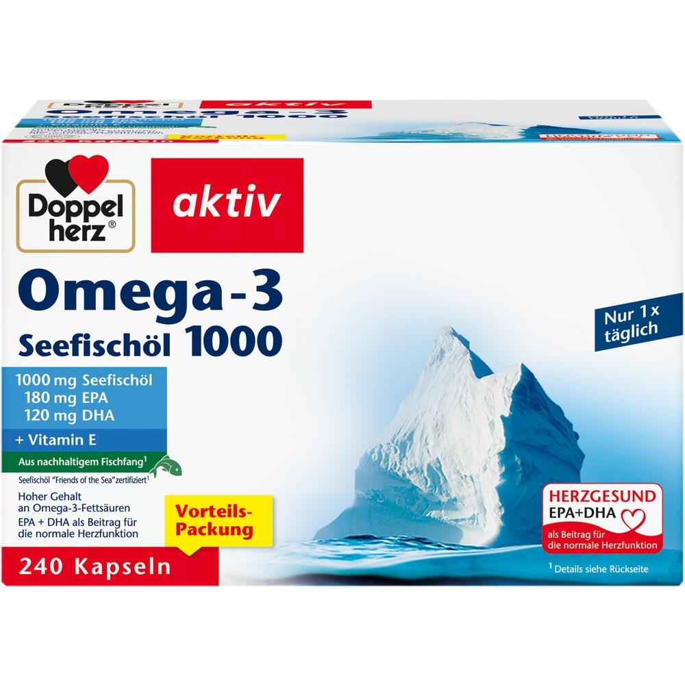 Packung mit Omega-3-Nahrungsergänzungsmittel von Doppelherz, 240 Kapseln.