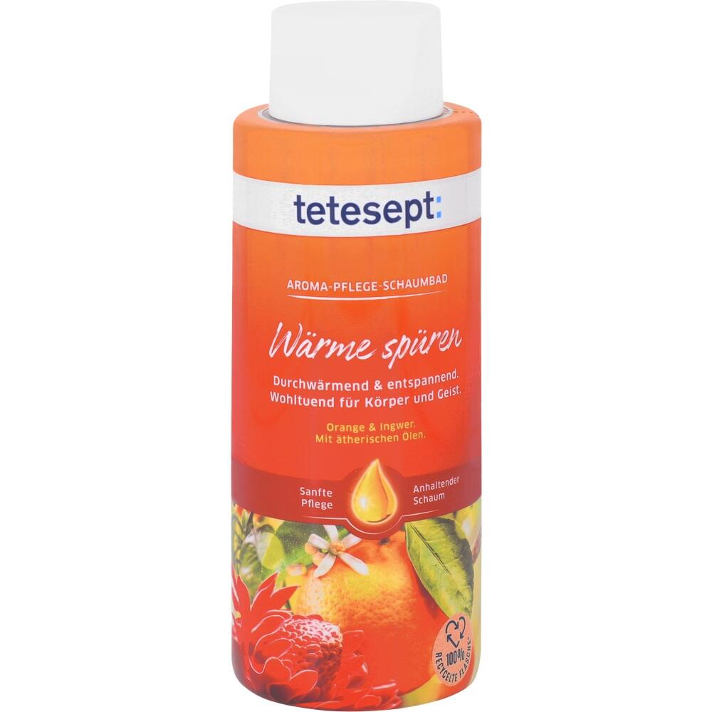 Orangene Flasche eines Schaumbads mit Orangenduft und Ingwer.