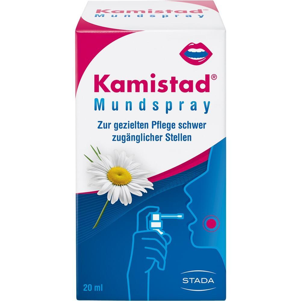 Eine Schachtel von Kamistad Mundspray mit Kamillenblume und Lippen-Symbol.