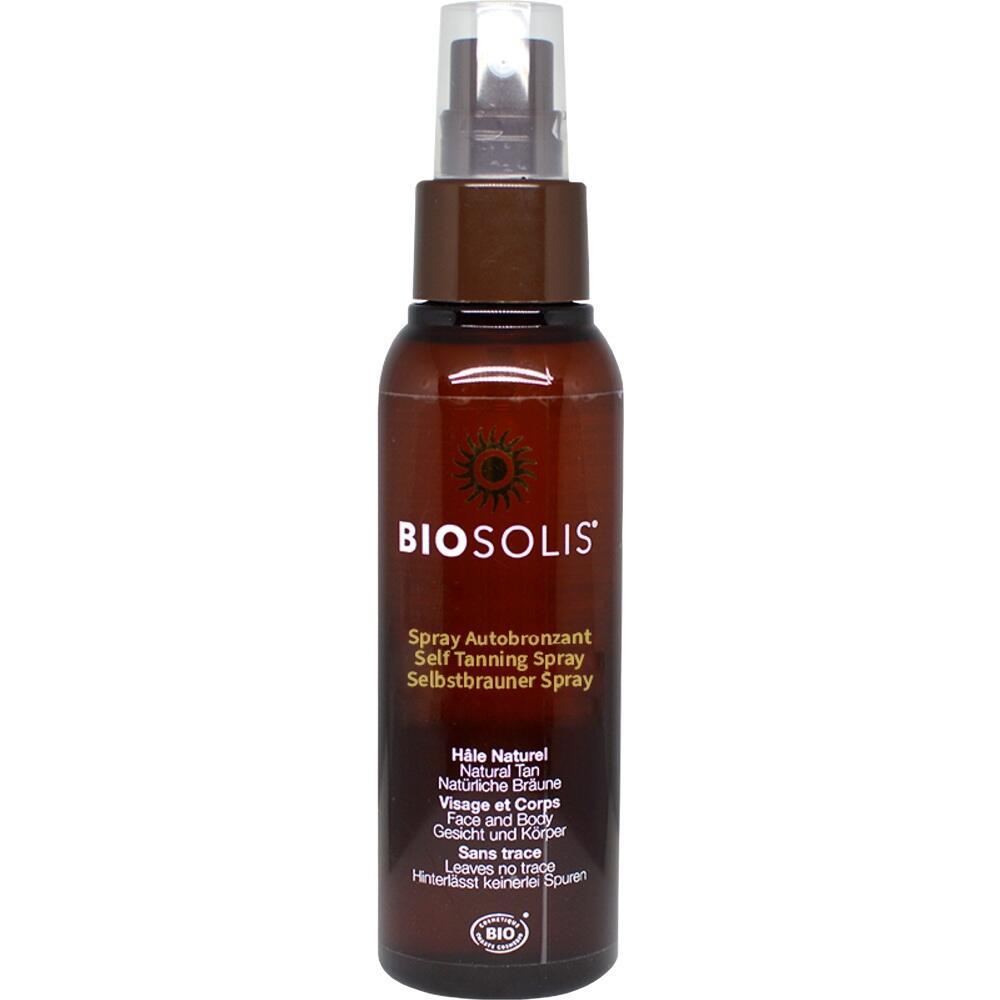 Braune Sprühflasche mit der Aufschrift "BIOSOLIS" für Selbstbräuner.
