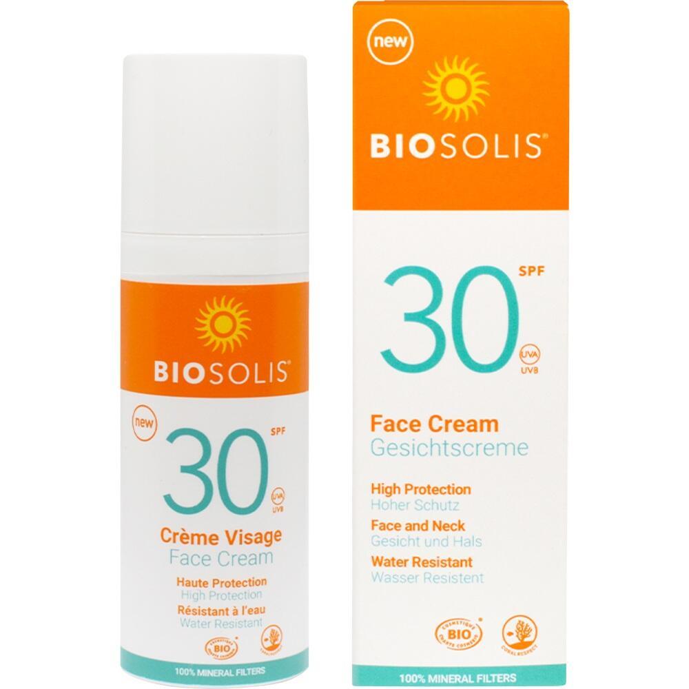 Eine Sonnencreme mit Lichtschutzfaktor 30 von Biosolis in einer weißen und orangefarbenen Verpackung.