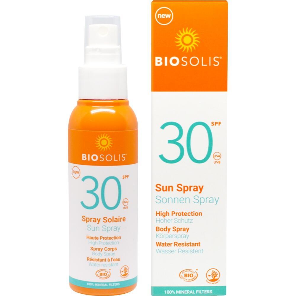 Orangenes Sonnenspray mit Lichtschutzfaktor 30 von Biosolis in einer Flasche und Verpackung.