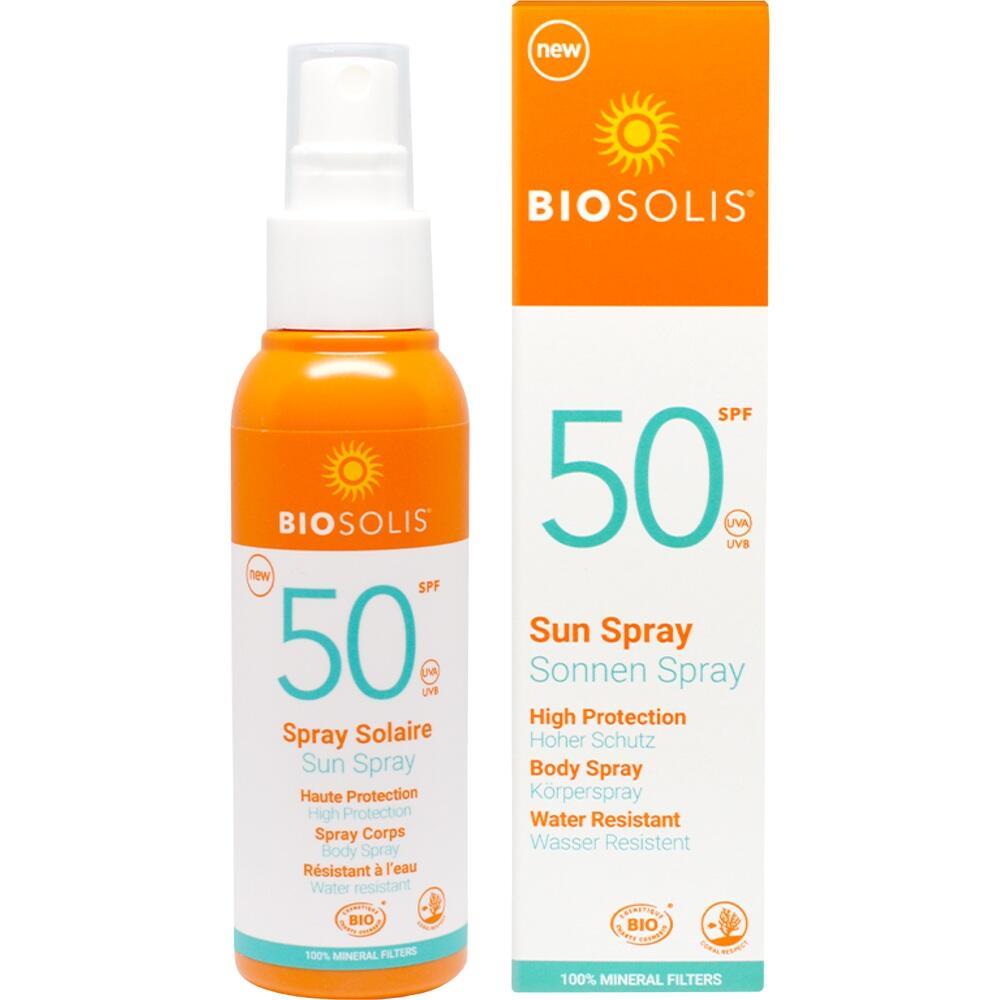 Eine orange-weiße Sonnencreme Flasche mit der Aufschrift "SPF 50".