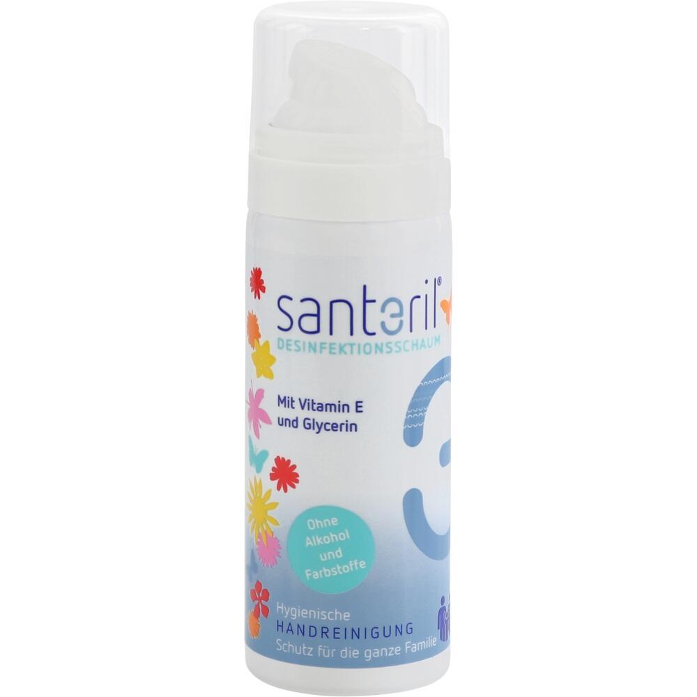 Eine Flasche Desinfektionsschaum mit bunten Blumenmotiven.