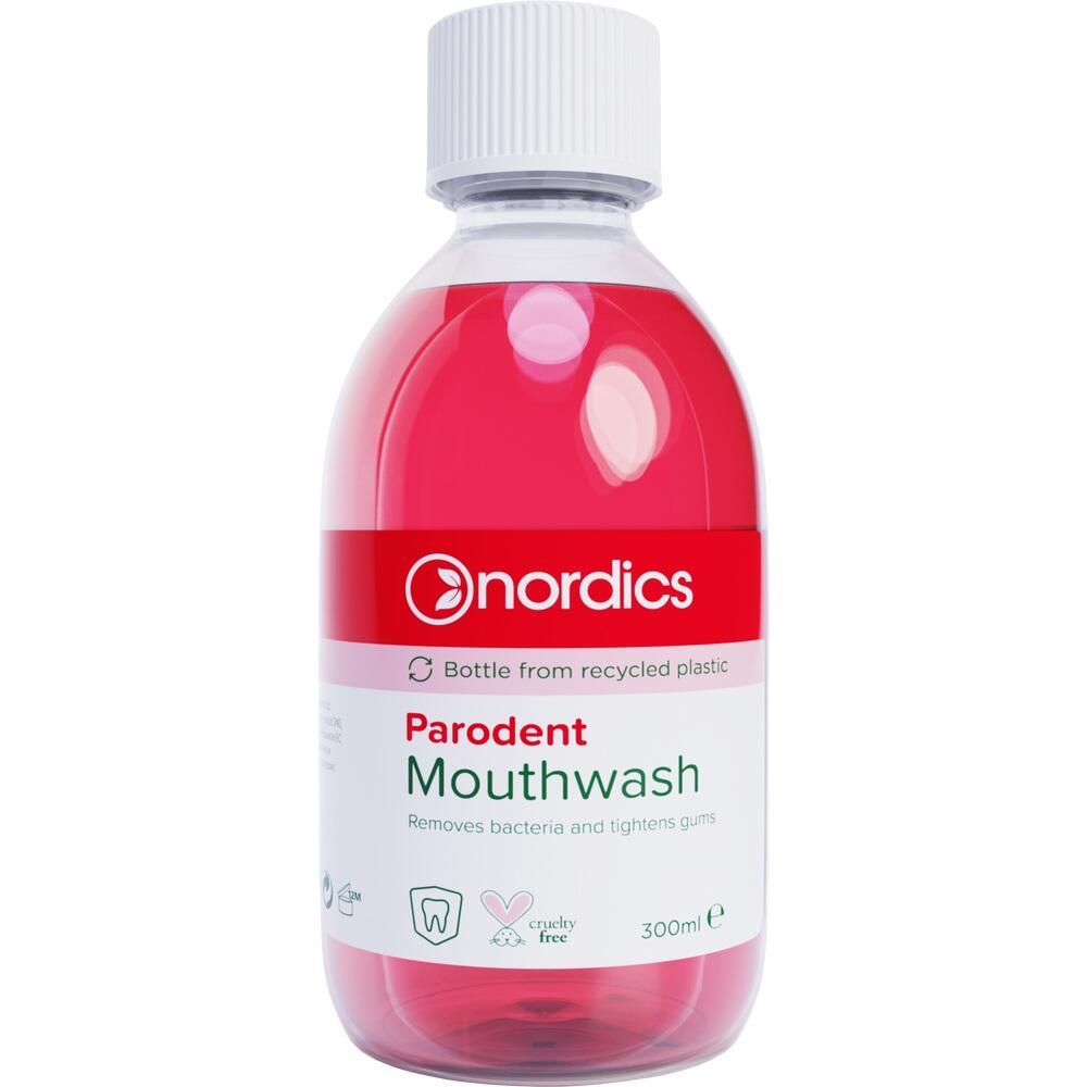 Rote Flasche mit Mundsp&uuml;lung von "Nordics", 300 ml, antibakteriell.