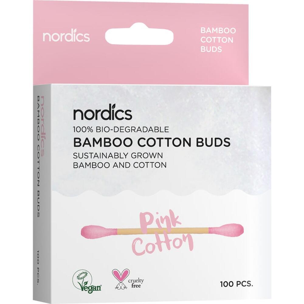 Eine Packung mit pinken, biologisch abbaubaren Wattest&auml;bchen aus Bambus.