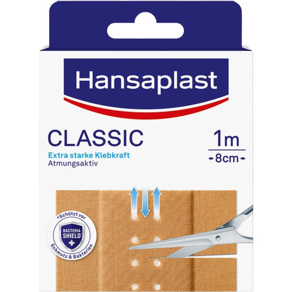 Verpackung eines atmungsaktiven Hanaplast-Pflasters in der Größe 1m x 8cm.