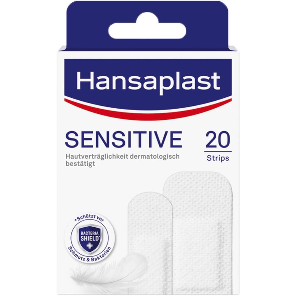 Verpackung der Hansaplast Sensitive Pflaster mit 20 Streifen und Schutz vor Bakterien.
