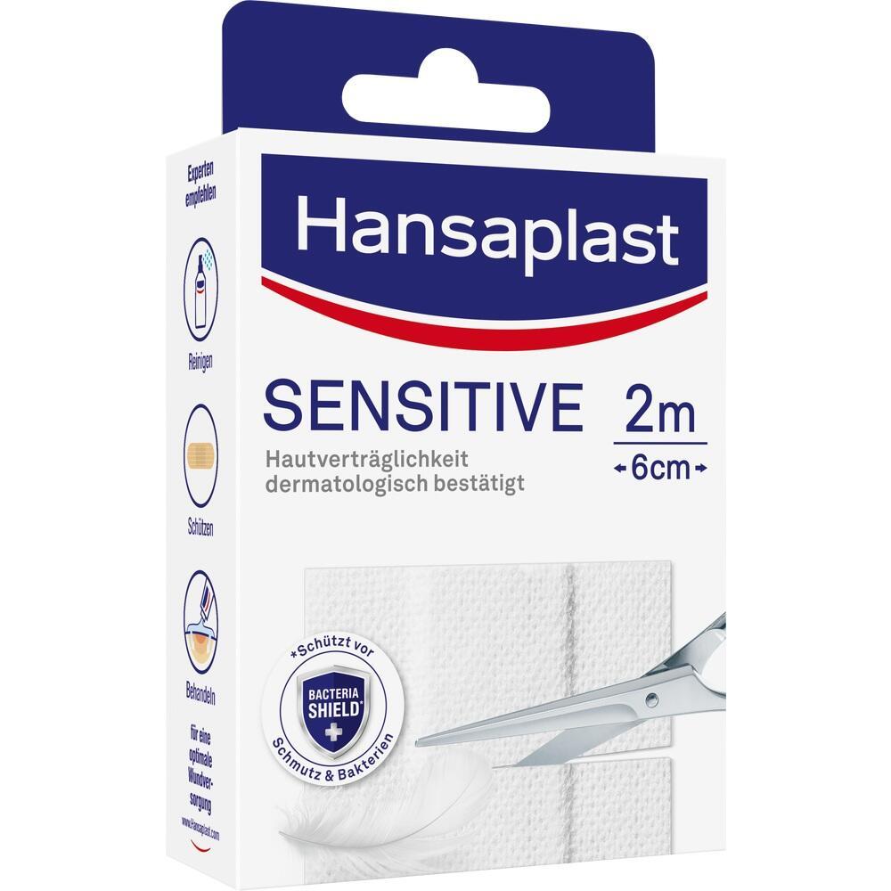 Eine Packung Hansaplast Sensitive Pflaster mit 2 Metern Länge und 6 cm Breite.