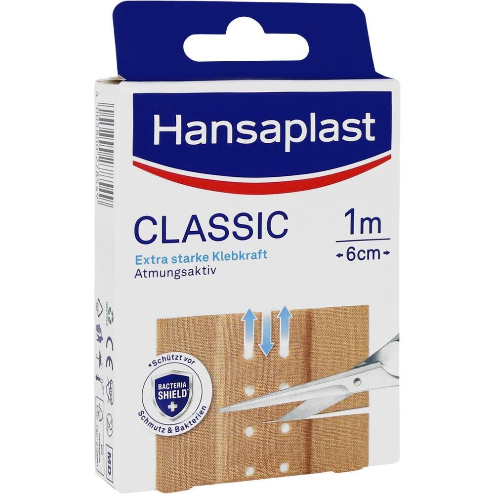 Kartonverpackung von Hansaplast Classic Pflaster, 1 Meter lang, 6 cm breit.