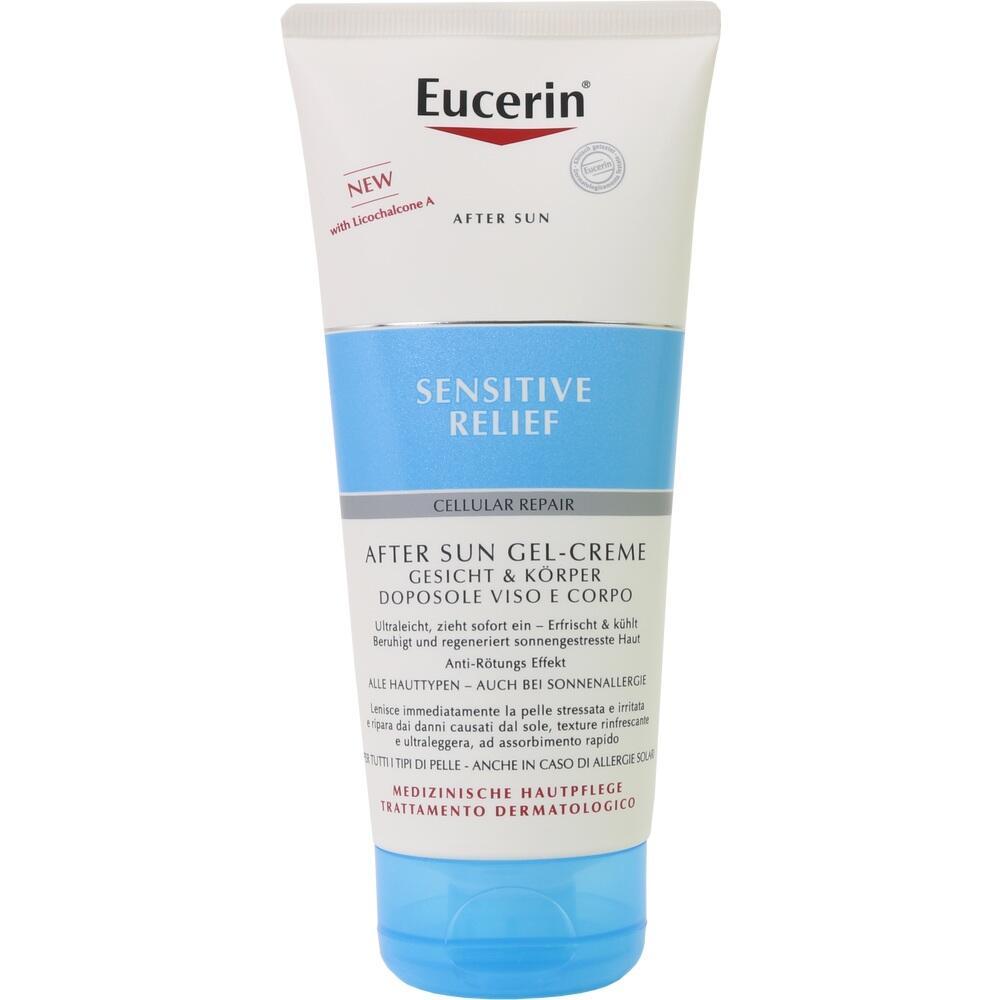 Eine Tube After-Sun-Gel mit blauem und weißem Etikett.