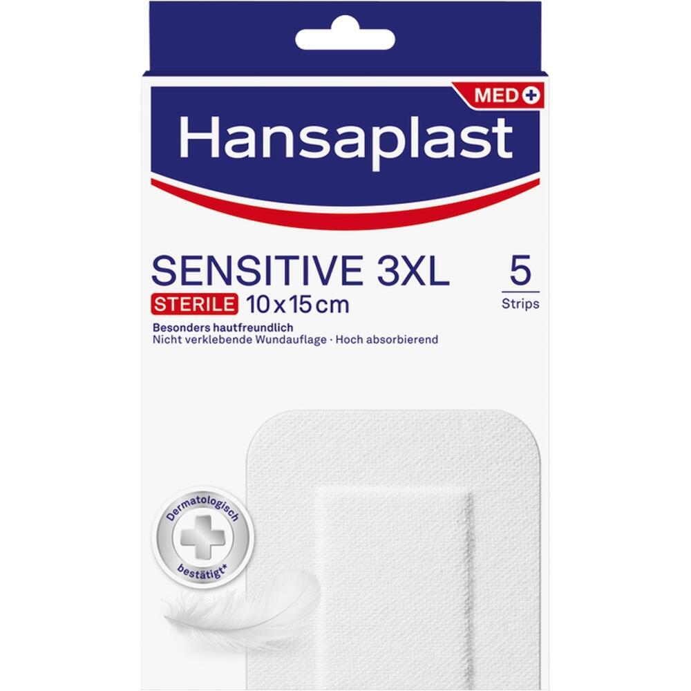 Eine Packung Hansaplast Sensitive 3XL Pflaster mit 5 Streifen, geeignet für empfindliche Haut.
