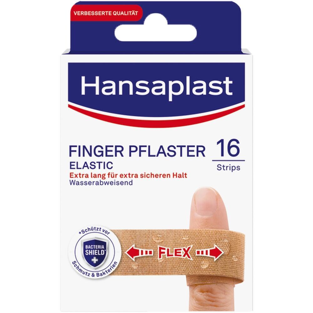 Verpackung mit elastischen Fingerpflastern von Hansaplast, wasserabweisend und sicherer Halt.