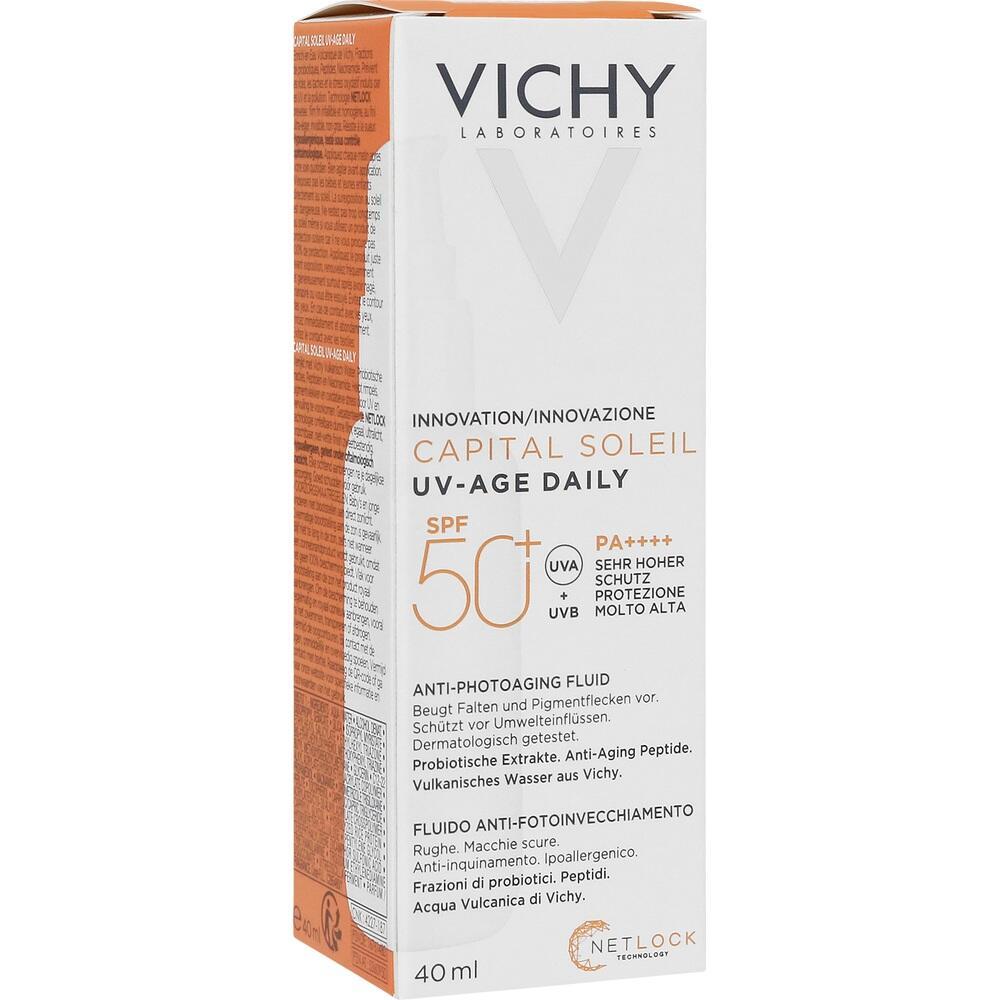Sonnencreme von Vichy mit Lichtschutzfaktor 50+ in einer wei&szlig;en Verpackung.