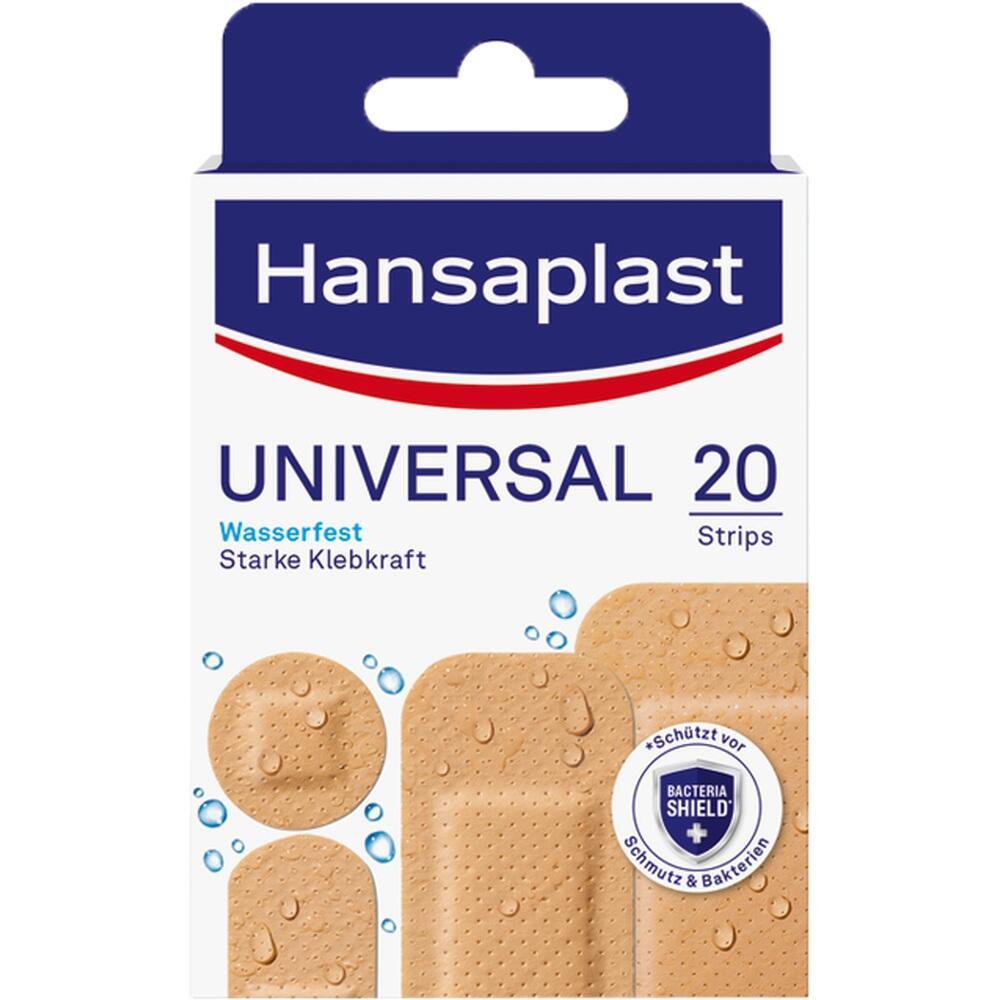 Eine Verpackung mit 20 wasserfesten Pflastern der Marke Hansaplast.