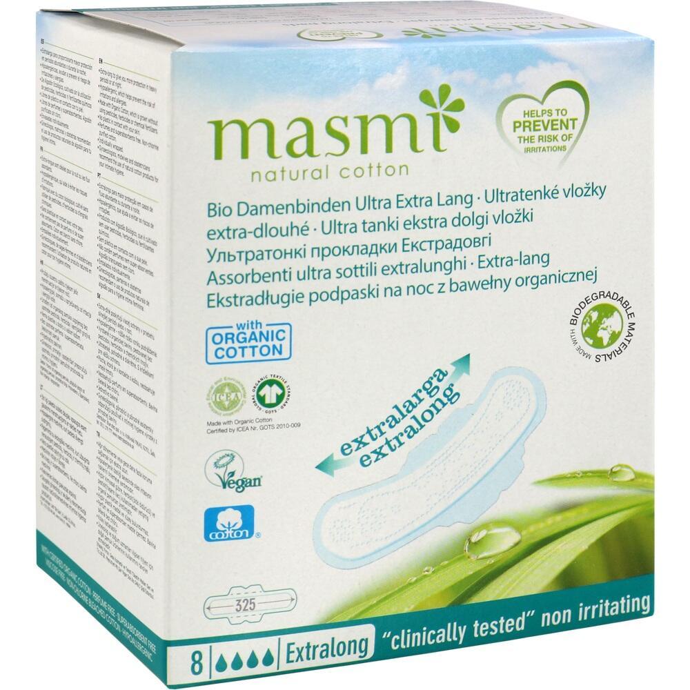 Verpackung f&uuml;r ultralange Bio-Damenbinden aus Baumwolle mit Umwelt- und Gesundheitszeichen.