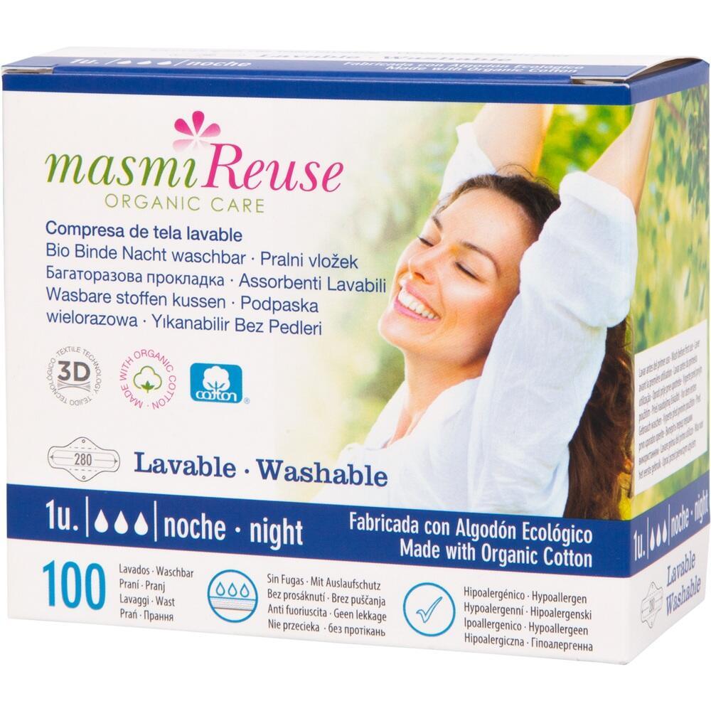 Verpackung einer waschbaren Bio-Binde mit einer l&auml;chelnden Frau im Hintergrund.