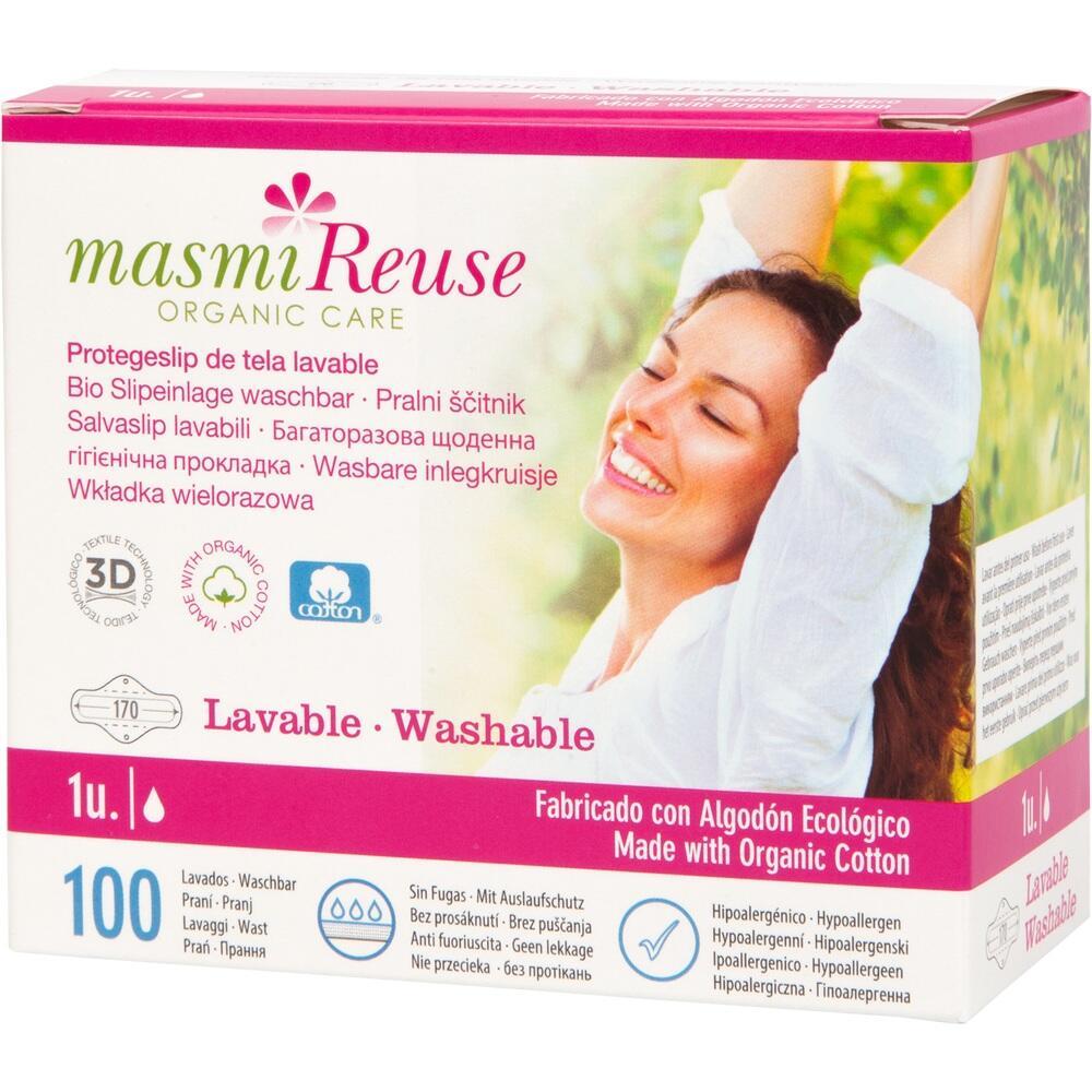 Verpackung von waschbaren Bio-Slipeinlagen aus Baumwolle mit l&auml;chelnder Frau auf der Vorderseite.