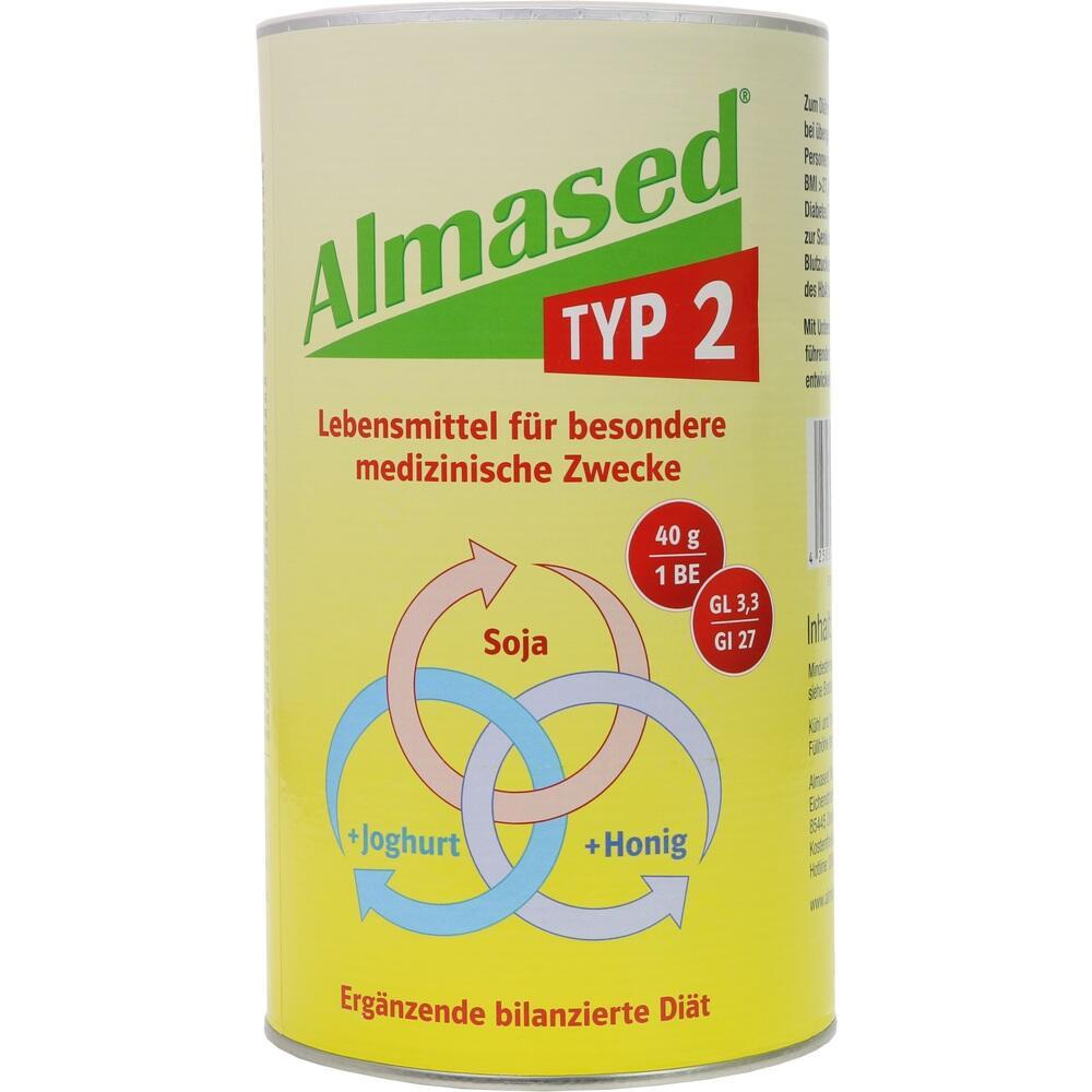 Eine Dose mit Almased Typ 2 Nahrungserg&auml;nzungsmittel f&uuml;r medizinische Zwecke.