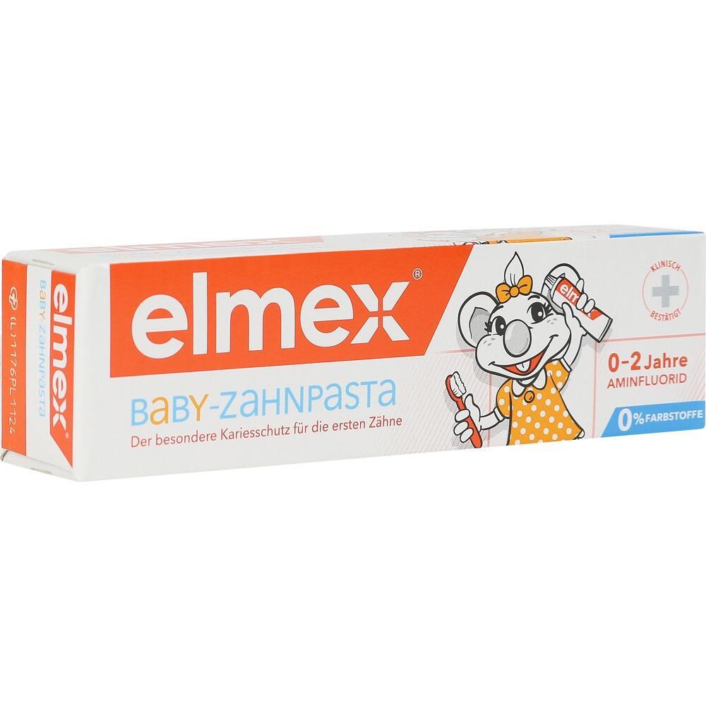 Verpackung von Elmex Baby-Zahnpasta mit Maus f&uuml;r Kinder von 0-2 Jahren.
