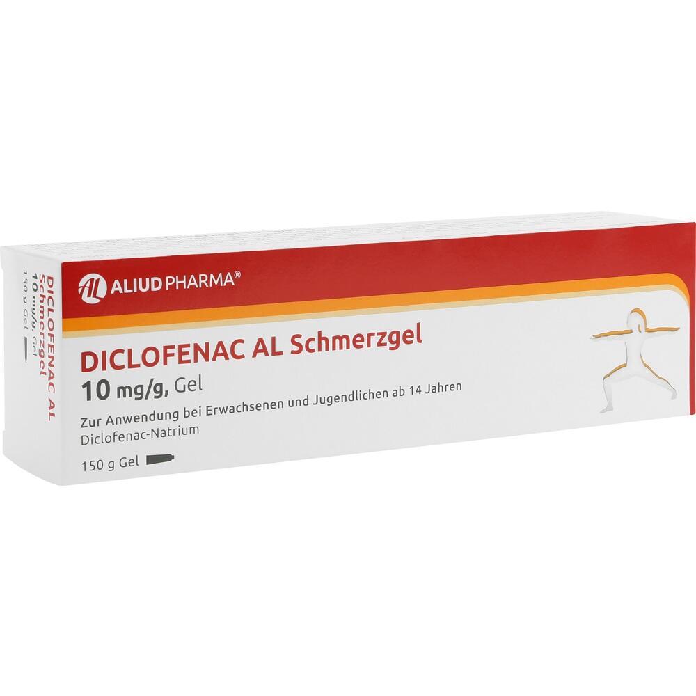 Eine Packung Diclofenac AL Schmerzgel mit roter und wei&szlig;er Gestaltung.
