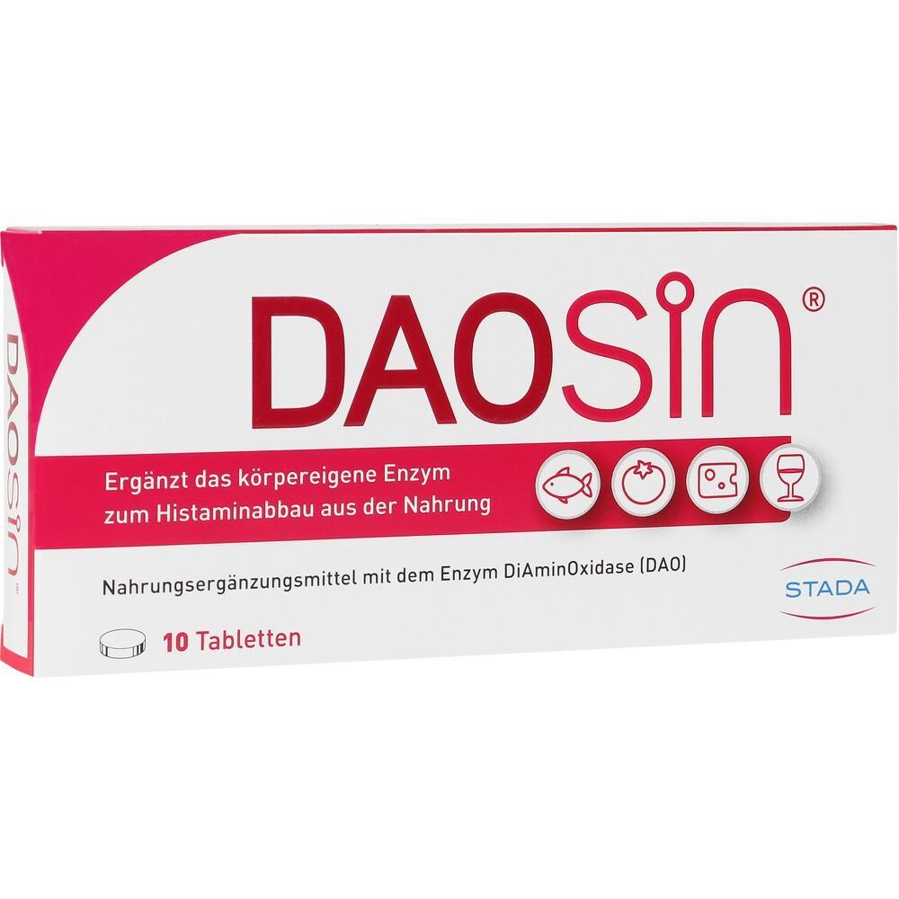 Eine Packung Tabletten mit Aufschrift "DAOsin" und Symbolen für Fisch, Tomate, Käse, Wein.
