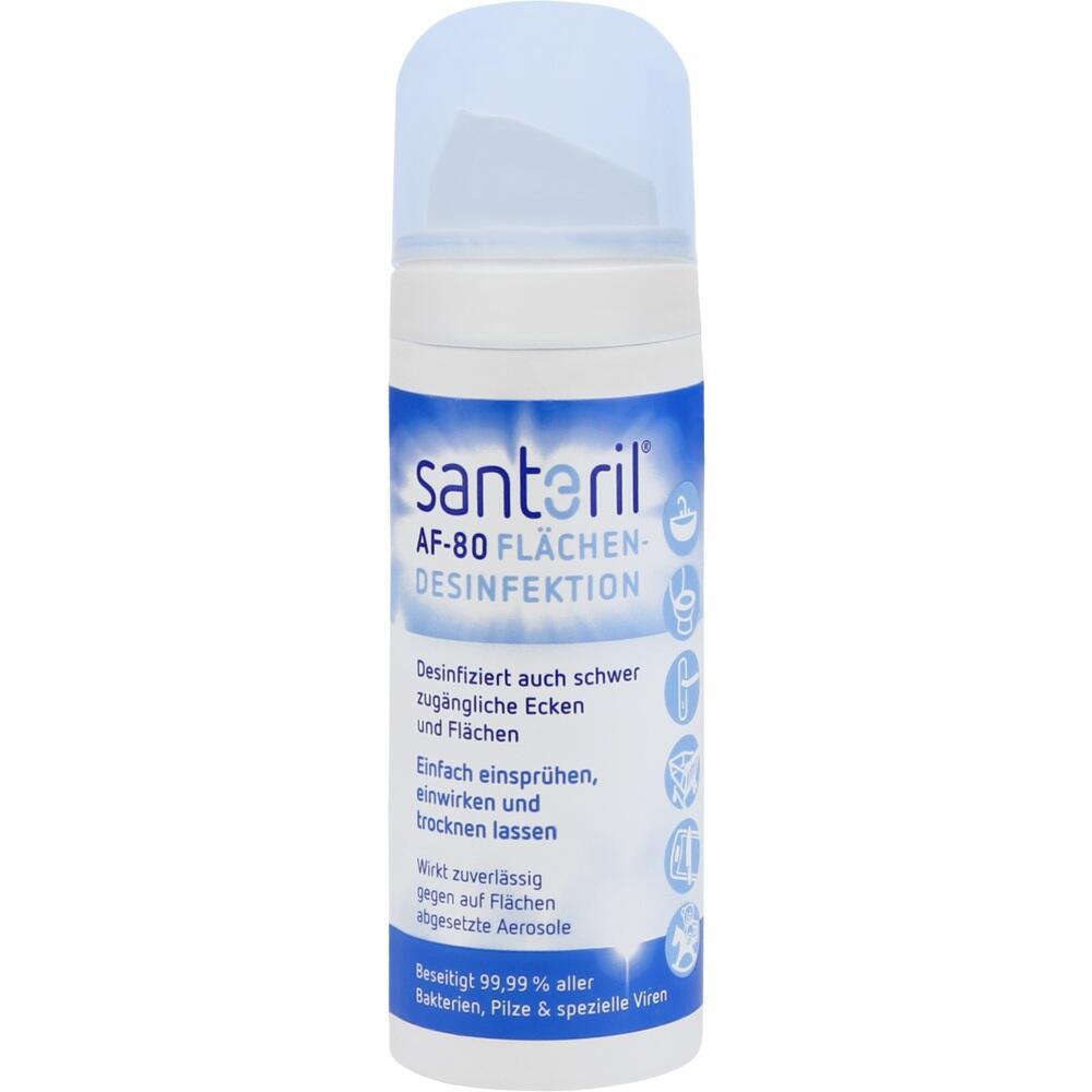 Eine blaue Flasche Santeril Flächendesinfektion mit Sprühkopf.