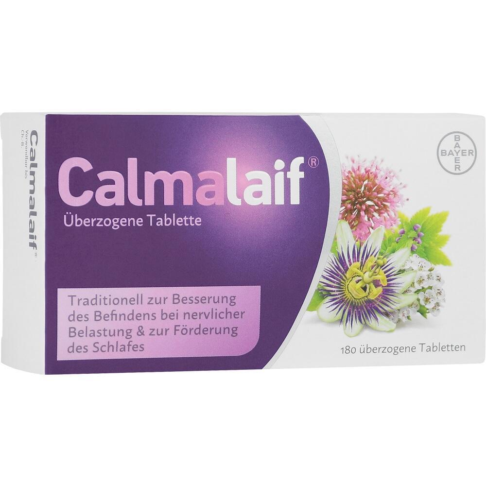 Packung mit "Calmalaif"-Tabletten zur Beruhigung und Schlafförderung, abgebildet mit Pflanzen.