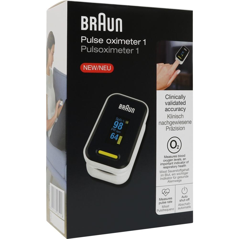 Eine Verpackung des Braun Pulsoximeters mit Abbildung und Produktinfos.