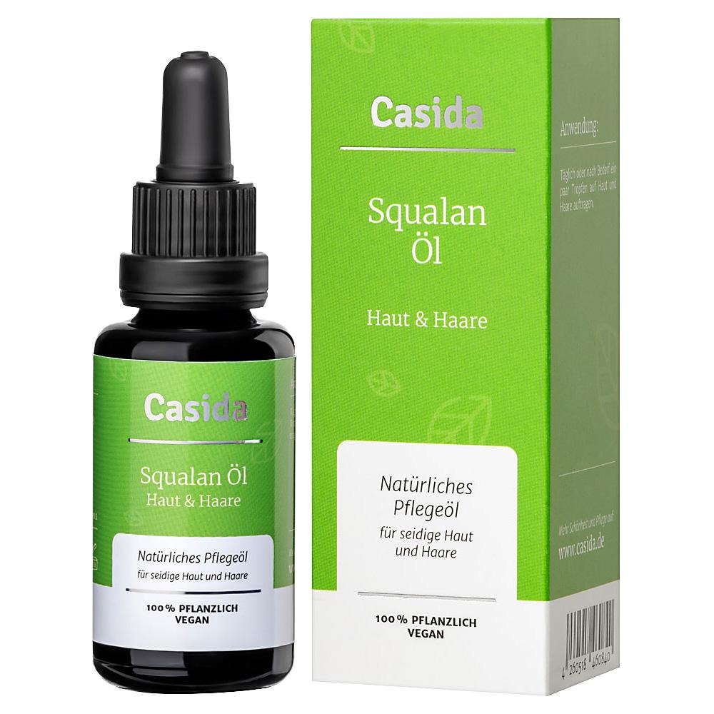 Gr&uuml;ne Flasche und Verpackung f&uuml;r Squalan-&Ouml;l, vegan und f&uuml;r Haut und Haare geeignet.