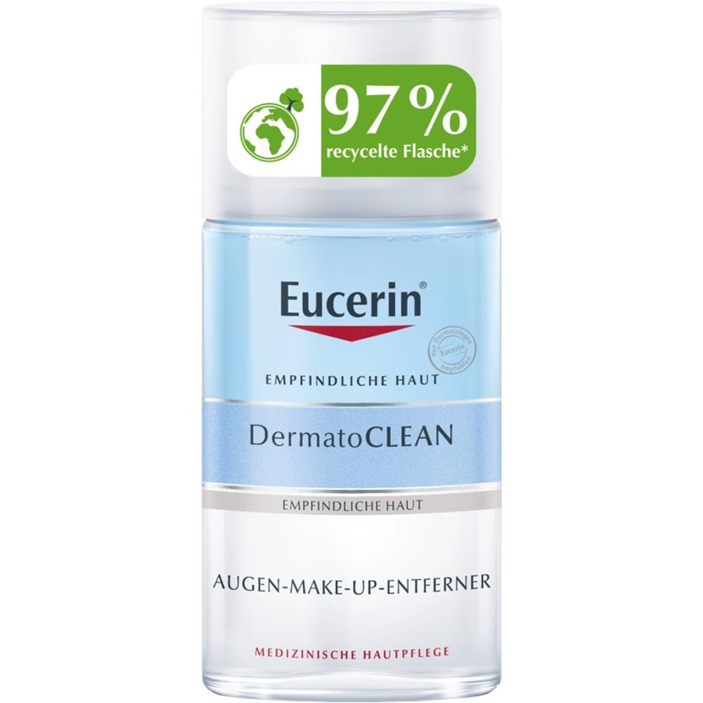 Flasche mit Eucerin Augen-Make-up-Entferner für empfindliche Haut aus recyceltem Material.