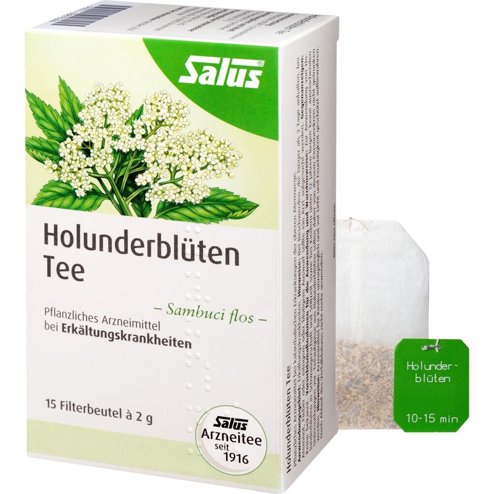 Eine Packung Holunderbl&uuml;tentee steht neben einem Teebeutel.