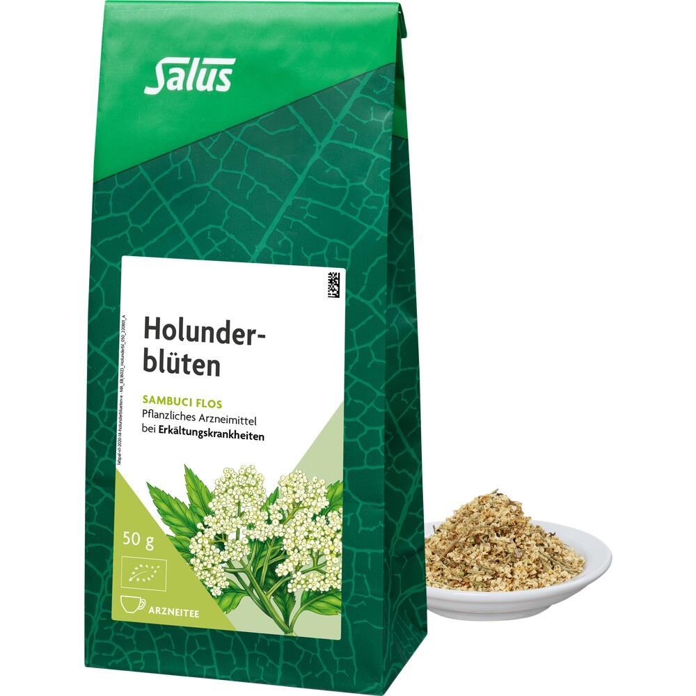 Gr&uuml;ne Packung mit Holunderbl&uuml;ten-Tee neben einer Schale mit getrockneten Bl&uuml;ten.