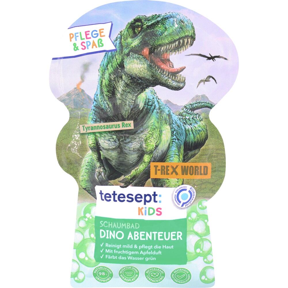 Eine bunte Verpackung f&uuml;r ein Schaumbad mit einem gro&szlig;en Dinosaurier darauf.