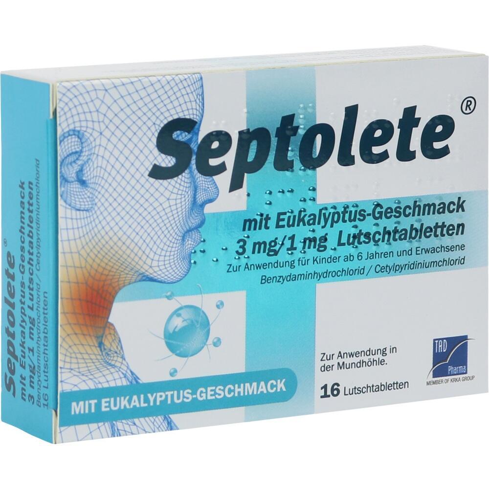 Packung Septolete Lutschtabletten mit Eukalyptusgeschmack für Hals und Mund.